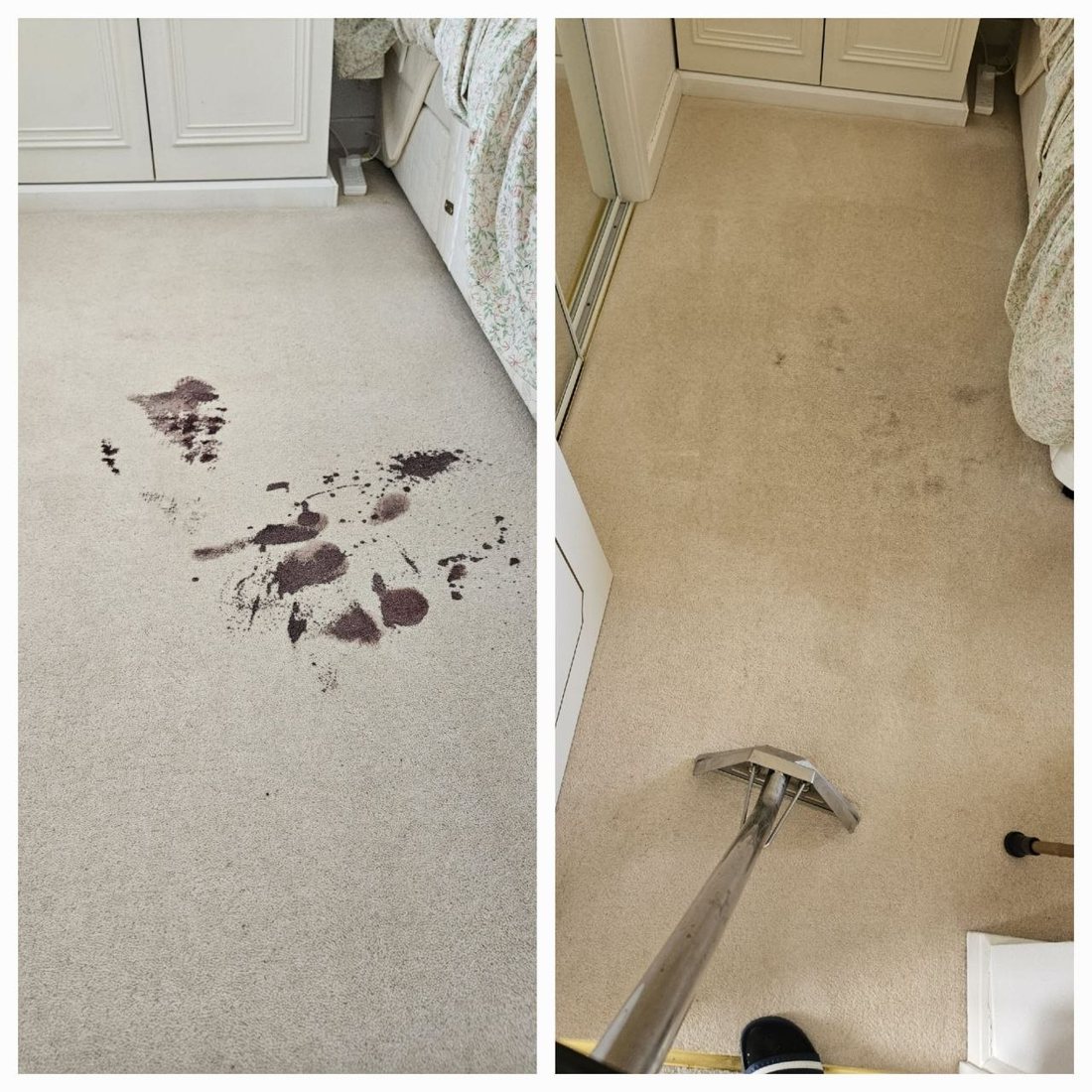 Bedroom carpet before and after stain removal
