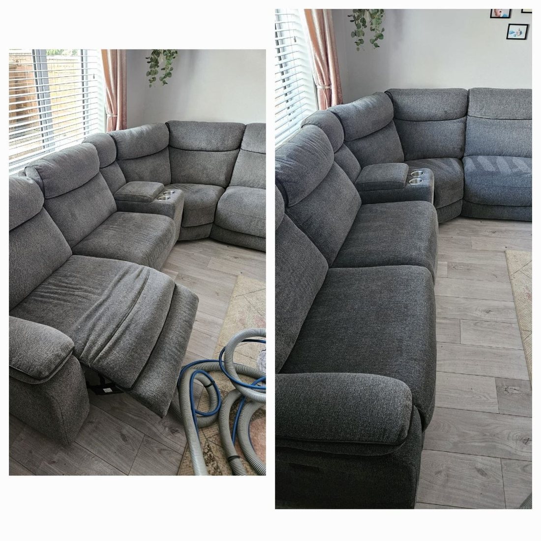 Fabric corner sofa before and after upholstery clean